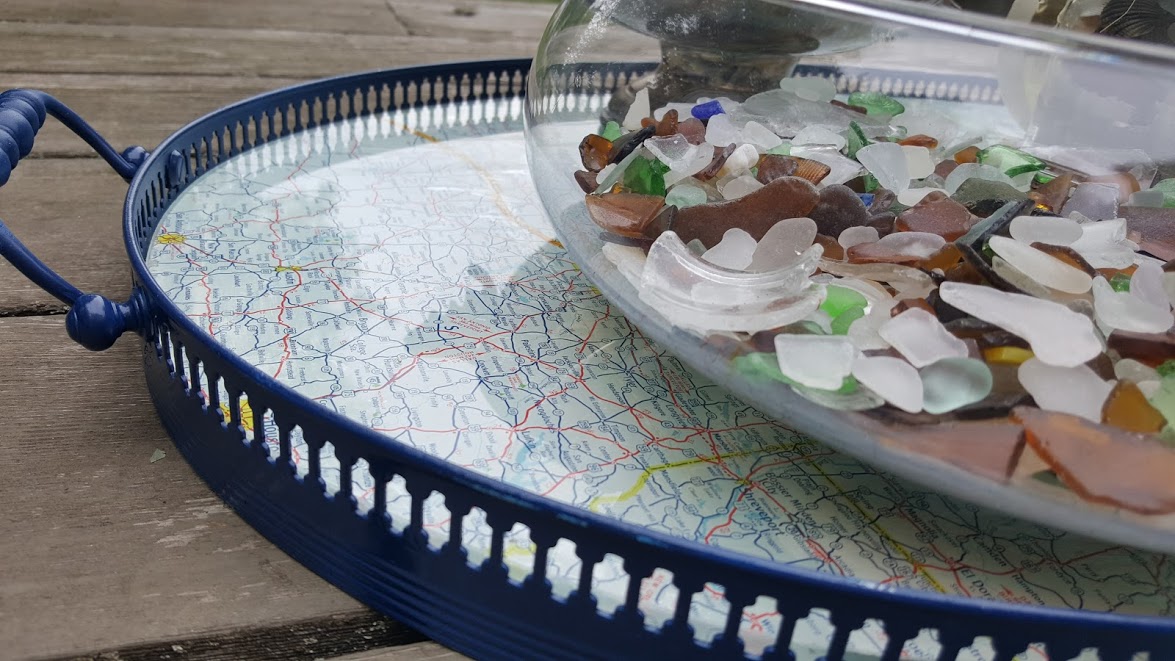 nautical map tray bowl of sea glass