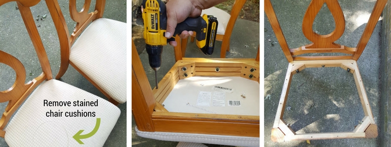 Prepping chairs and removing the stained cushions for the chair bench.