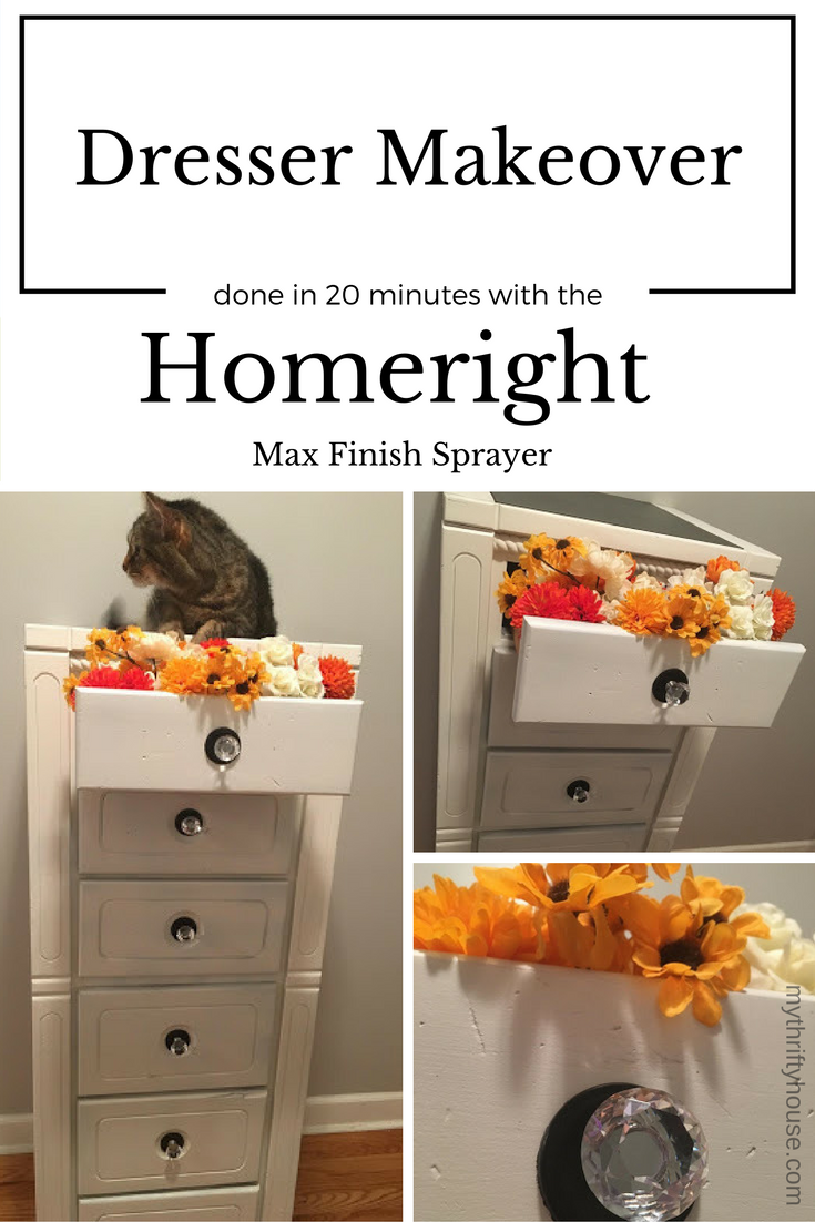 Ugly dresser makeover done within 20 minutes using the Homeright Finish Max Sprayer, large spray shelter and small spray shelter.