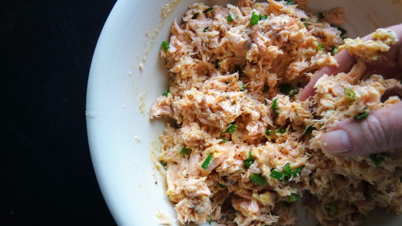 Mixing the ingredients for the Whole30 Kely Lime Salmon Patties