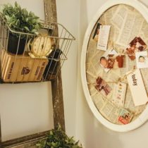 Rustic ladder with vintage wire baskets and memo board