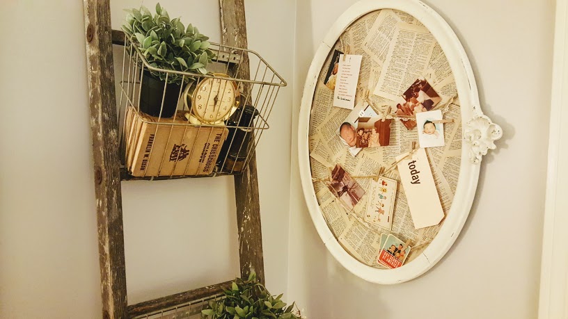 Rustic ladder with vintage wire baskets and memo board