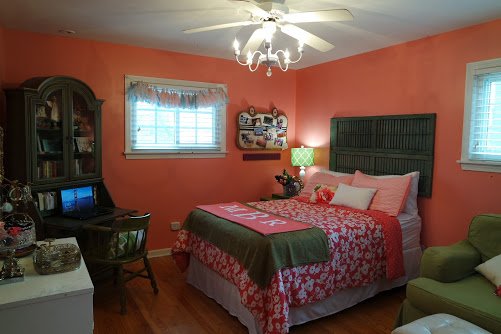 Teenage girl bedroom makeover with coral walls