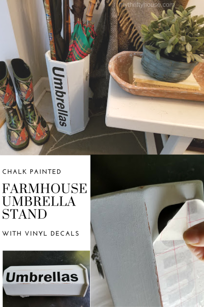 My chalk painted farmhouse umbrella stand with vinyl decals for less than $10.