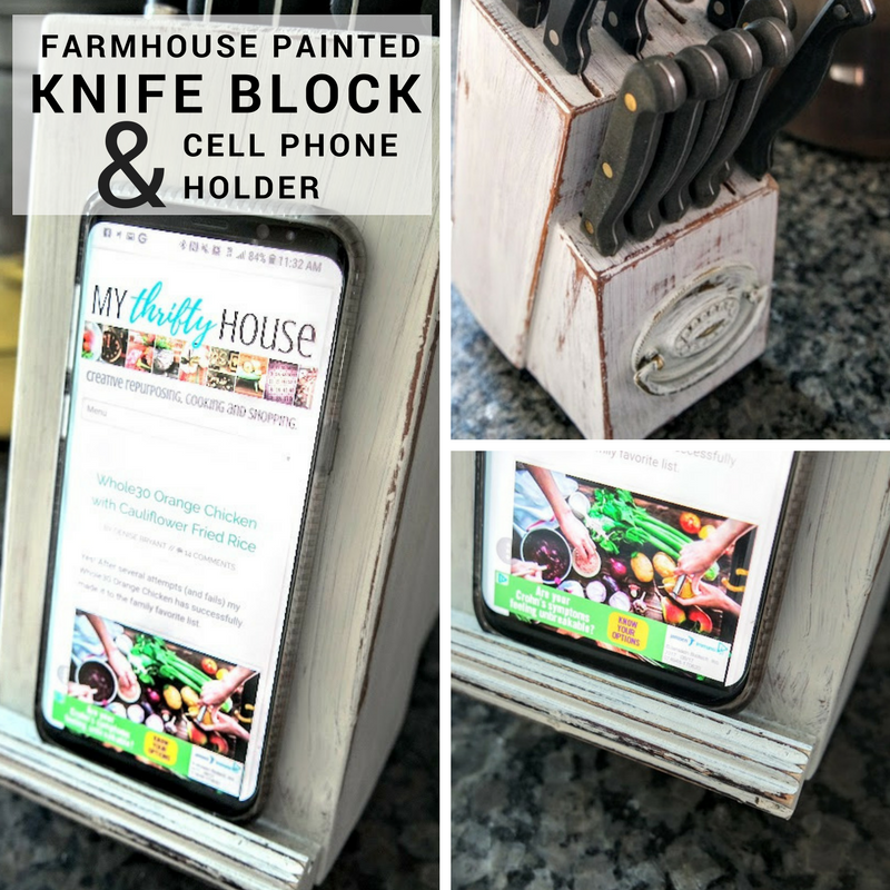 DIY farmhouse painted knife block and cell phone holder