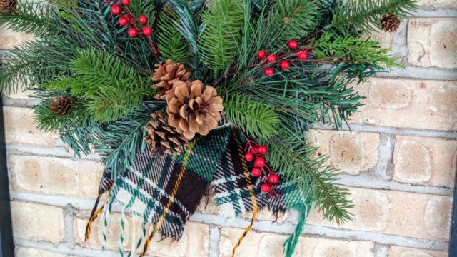 Embelishing an upcycled wool scarf wreath